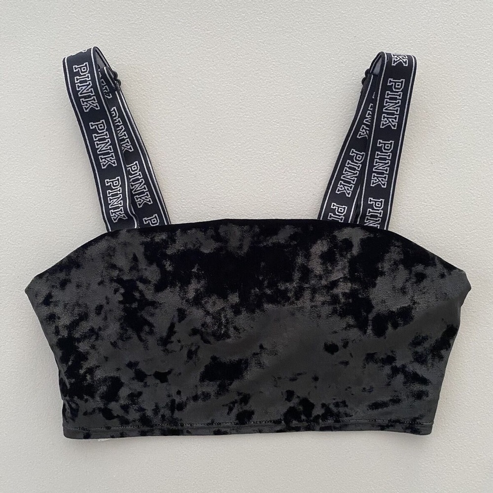 Black Velvet Crop Top with Pink Straps